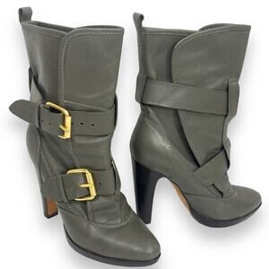 Dolce Vita mid calf boot, gray leather buckle strap high heel platform 6 bootie